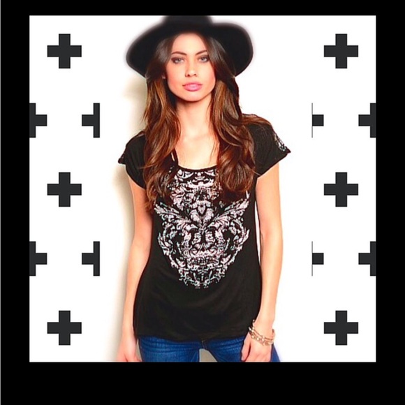 SALE Black Lace Back with Rhinestone Light-Weight Top - Picture 5 of 5